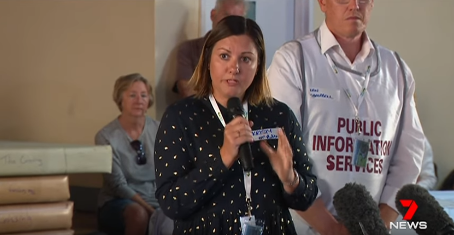 Mayor of Bega Valley Shire Council, Cr. Kristy McBain speaks about fire dangers at a meeting at the Bermagui Country Club - 1 Jan 2020. Photo sourced from 7NEWS Australia. Retrieved from:  https://www.youtube.com/watch?v=YU_rdjtgKK8