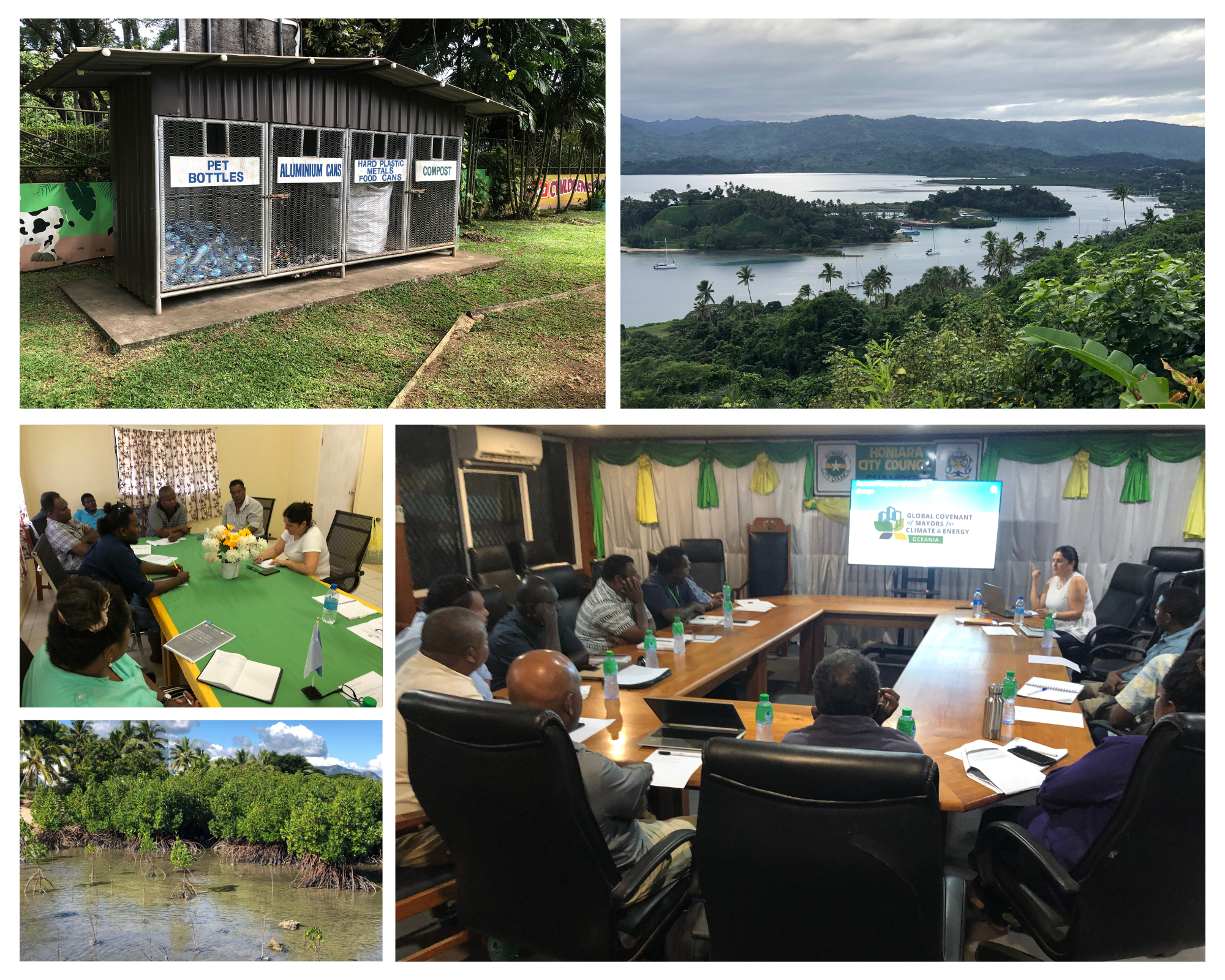 Upper Left: Recycling Lautoka; Upper Right: Blue Town, Savusavu; Middle Left: Tulagi Town Meeting; Bottom Left: Mangroves; Bottom Right: Solomon Islands Stakeholder meeting