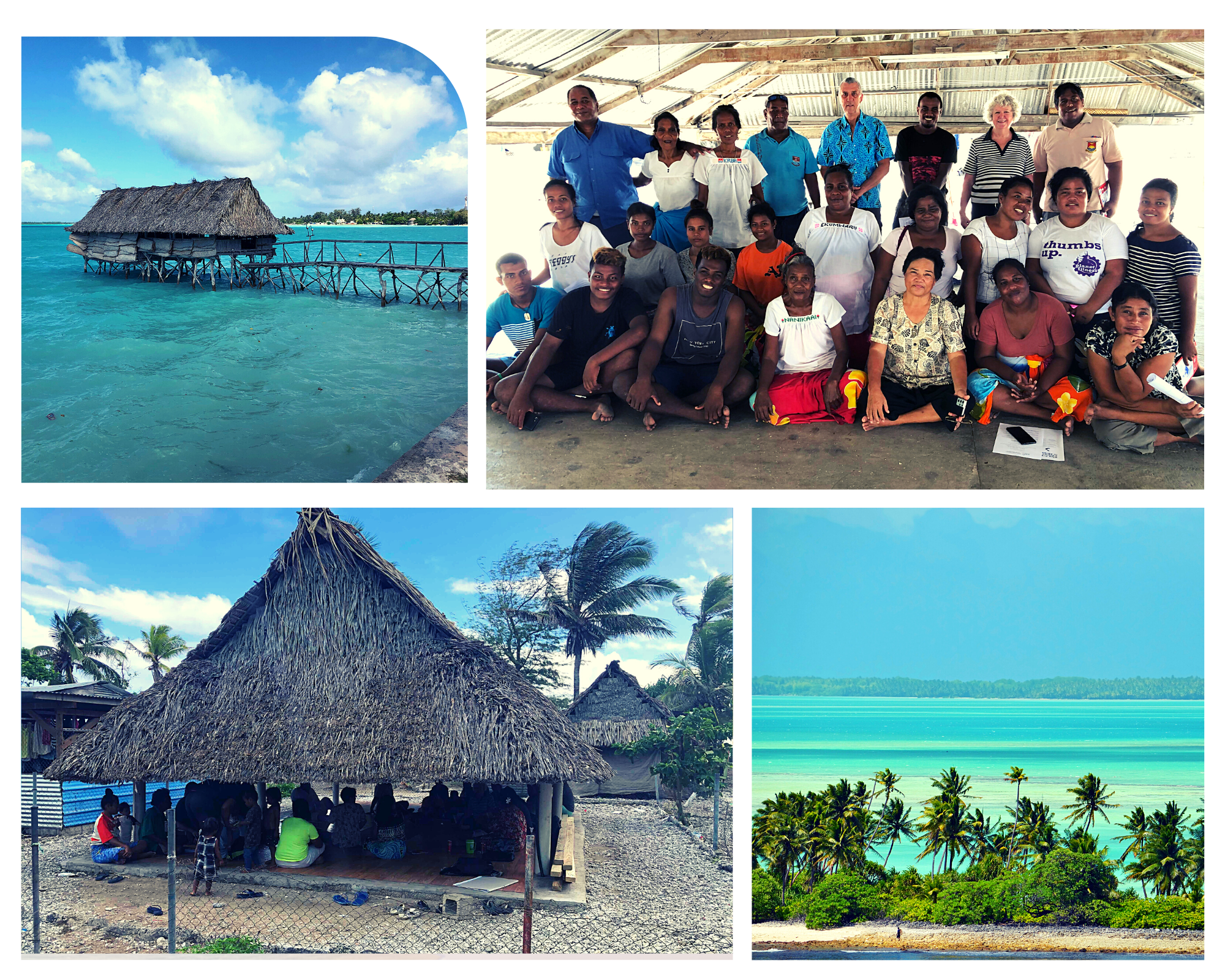 Lower Left : Eita Maneaba or Community centre building of Kiribati.  Upper right:  ICLEI Oceania Regional Director Steve Gawler meeting with the people of Bikenibeu South Tarawa.